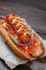 Grilled hot dogs with mustard, ketchup