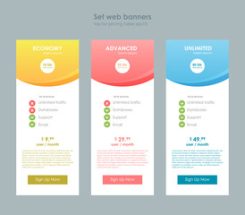 Three tariffs. Interface for the site. ui ux vector banner for web app. Pastel pricing table, banner, order, box, button, list and bullet with plan for website in flat design, style