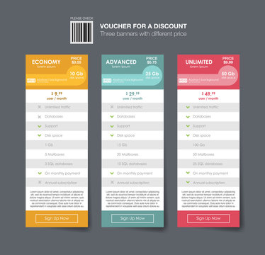 Vector Price table for commercial web services. Set of vector pricing table in flat design style for websites and applications. three tariffs. interface for the site. vector banner