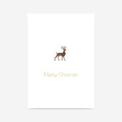 Minimalistic vector Christmas greeting card with small pixel deer and golden glitter text