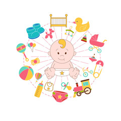 Newborn Doodle Elements Set. Smiled Baby Vector Illustration. Happy Kids. Child print