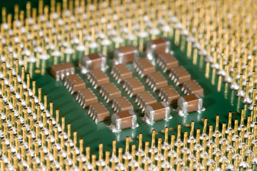 Fototapeta premium Microchips on the underside of a microprocessor, surrounded by the connector pins like a fence