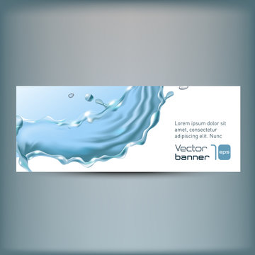 Banner with realistic water splash on white background. Vector illustration