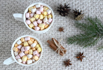 Obraz na płótnie Canvas Hot cocoa with marshmallows and Christmas decorations 