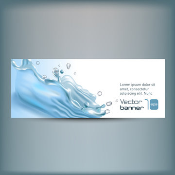 Banner with realistic water splash on white background. Vector illustration