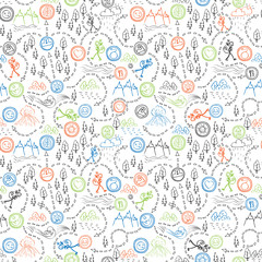 Hand drawn seamless pattern, maps, picnic, travel, hiking and camping