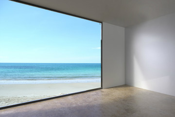 Empty loft Room with window Living villa on Sea view on Background 