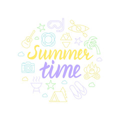 Summer time lettering with icons. Calligraphy font