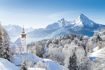 Church of Maria Gern with Watzmann in winter, Berchtesgadener Land, Bavaria, Germany