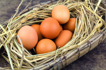 Brown eggs in nest hen eggs on wooden background