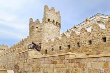 Vintage cannon on the fortress wall of Old City Baku