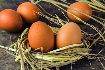 Brown eggs in nest hen eggs on wooden background