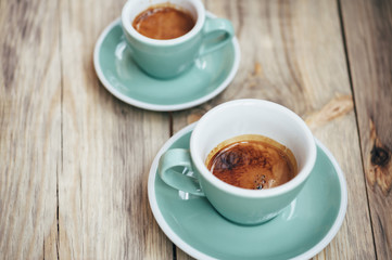 Delicious morning cup of espresso coffee on the wooden table rustic background