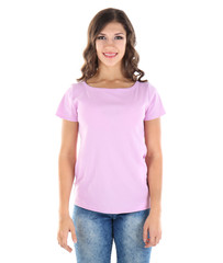 Fototapeta premium Young woman in blank color t-shirt on white background