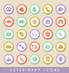 Set of Veterinary Icons on Circular Colored Buttons. Vector Isolated Elements.