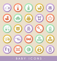 Set of Baby Icons on Circular Colored Buttons. Vector Isolated Elements.