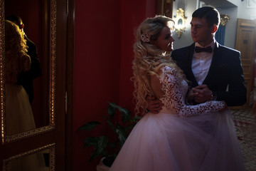 Beautiful young couple, the bride and groom. Luxurious interior. Dark-toned, intimate atmosphere