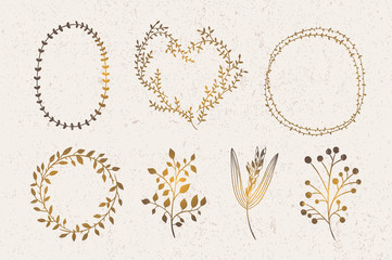 Wreath vector set. Golden wreaths and natural frames with florals, plants and leaves