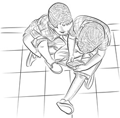 Two boys, Twins sitting on the pavement having fun by sharing cell phone - Black and white line art illustration