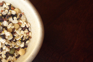 Cereals and beans in a white china bowl