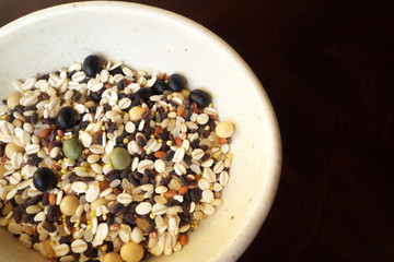 Cereals and beans in a white china bowl
