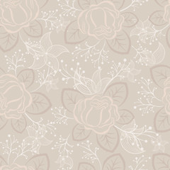 Seamless beige and white rose vector pattern.