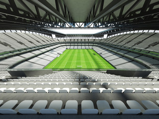 Obraz premium 3D render of a large capacity soccer-football Stadium with an open roof and white chairs