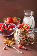 homemade healthy granola in glass jar and berries