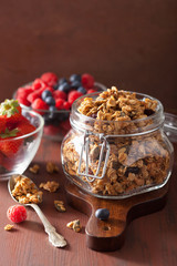 homemade healthy granola in glass jar and berries
