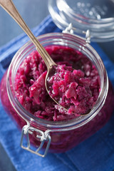 pickled red cabbage in glass jar