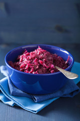 pickled red cabbage in blue bowl