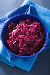 pickled red cabbage in blue bowl