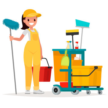 Woman worker of cleaning service is holding a mop and bucket.