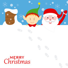 Santa claus and elf on the roof. merry Christmas card