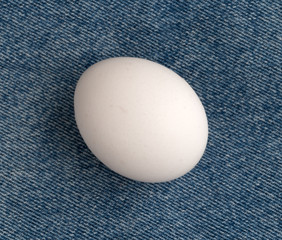 White egg on denim cloth top view.