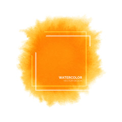 Hand painted orange watercolor splash with square frame, abstract yellow watercolour stain, bright vector watercolor background for design - 130392257