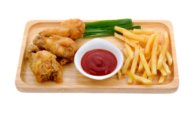 fried chicken and French fries in wooden  plate on white backgro