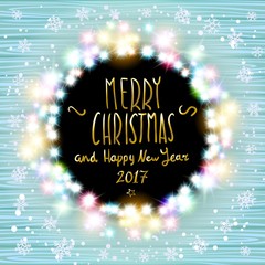 vector merry chrismas and Happy new year 2017. Glowing White Christmas Lights Wreath for Xmas Holiday Greeting Cards Design. Wooden Hand Drawn Background. art