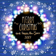 vector merry chrismas and Happy new year 2017. Glowing White Christmas Lights Wreath for Xmas Holiday Greeting Cards Design. Wooden Hand Drawn Background. art