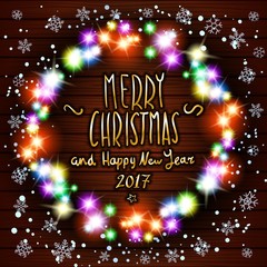 vector merry chrismas and Happy new year 2017. Glowing White Christmas Lights Wreath for Xmas Holiday Greeting Cards Design. Wooden Hand Drawn Background. art