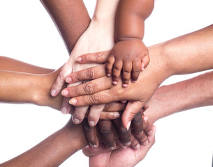 A close up view of a large group of people of mixed races, gende