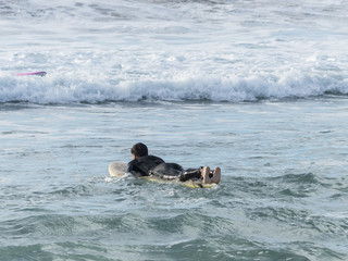 Single male surfer lying on his board paddling out the surf to c