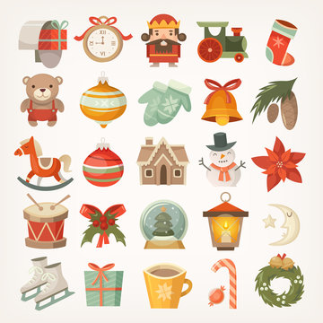 Set of colorful flat stickers and icons, christmas decorations and christmas tree balls and toys