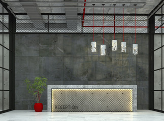 Interior with a reception desk in the loft style. 3d visualization.