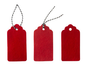Gift tags isolated on white background. Sale labels. Price tags. Special offer and promotion. Store discount. Shopping time. Label from red felt
