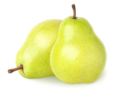 Isolated pears. Two pear fruits isolated on white, clipping path