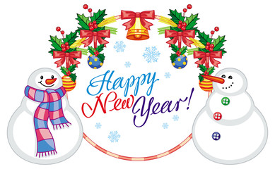 Winter holiday label with snowman and greeting text: "Happy New Year!". 