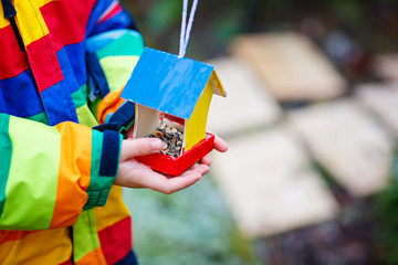 Little kid hanging bird house on tree for feeding in winter