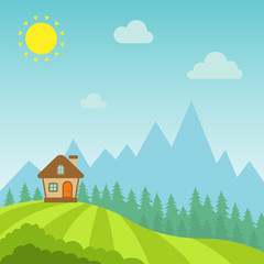 Village landscape. House, mountains and forest. Vector flat illustration
