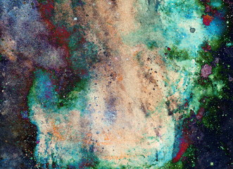 Watercolor abstract painting and computer collage. Color background with spots.